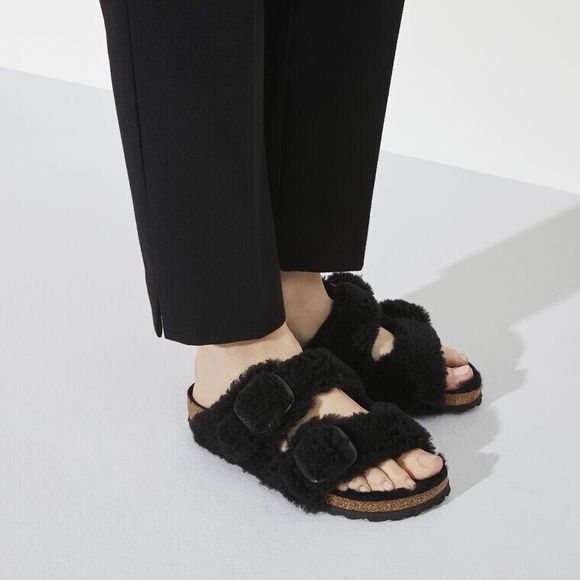 New Birkenstock Papillio Arizona Teddy Shearling Fur Platform Sandals Black EU37 - Picture 1 of 9